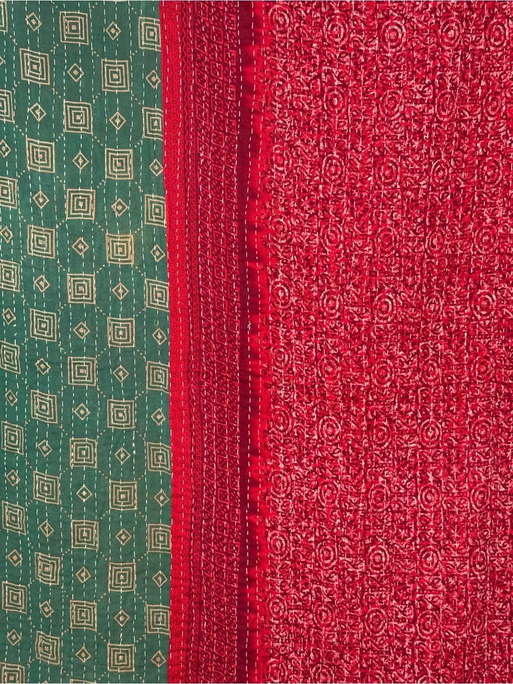 Vintage Handmade Printed Kantha Quilt India Sari Throw Blanket Twin 52x80